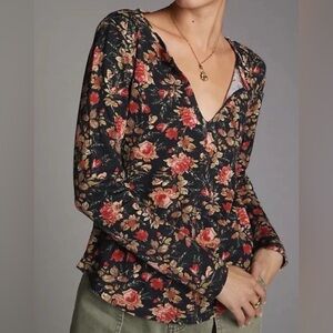 Anthropologie Floral V-Neck Top - Black and Red